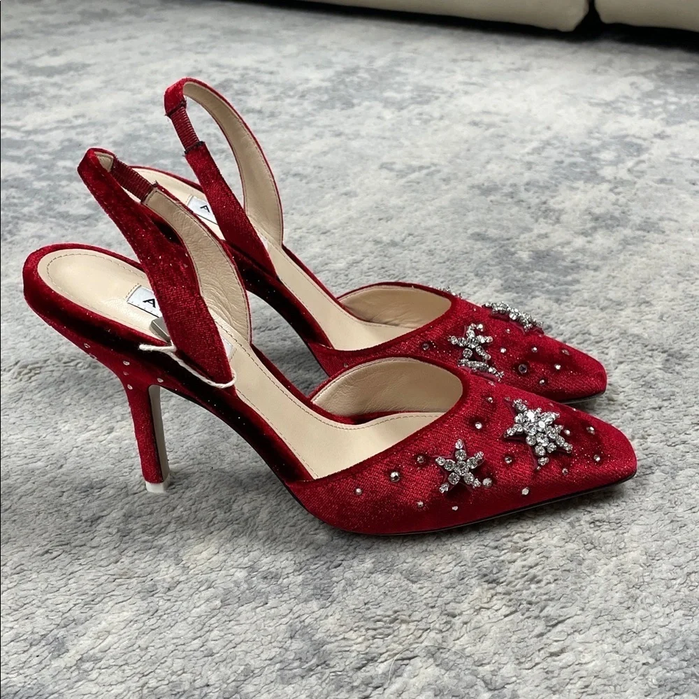 NIB Attico Red Velvet Mara Slingback Pumps Crystal Star Snowflake Sz 36